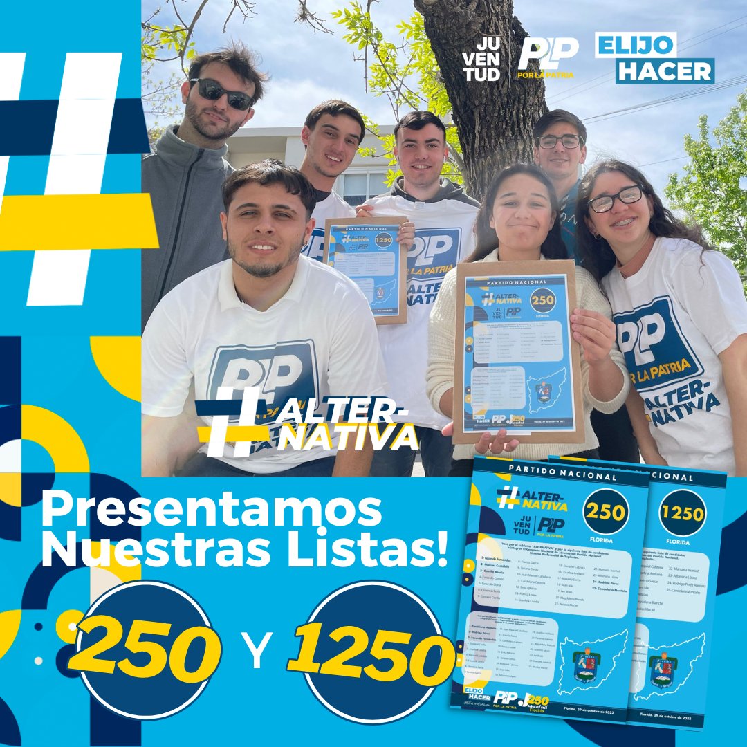El anterior jueves presentamos nuestras listas 250 y 1250,porque los jóvenes somos el cambio.⚪️🔵✌️ #FloridaesALTERNATIVA
#alternativa
<a href="/Jporlapatria/">Juventud Por La Patria</a> <a href="/ALTERNATIVAPN/">#ALTERNATIVA</a>