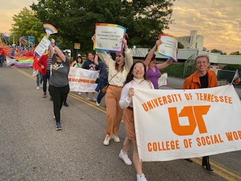 utkcsw's tweet photo. We had a great time at the Pride Parade last night! Be sure to catch our booth at Pridefest in Worlds Fair Park today and tomorrow! #UTCSW #KnoxPride https://t.co/WYG2VPy5dP