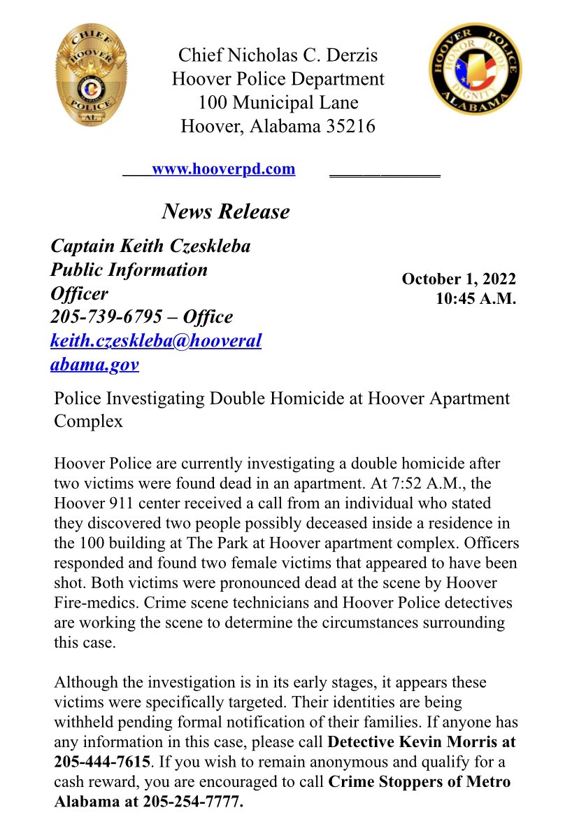 Police Investigating Double Homicide at Hoover Apartment Complex

#hooverpd
