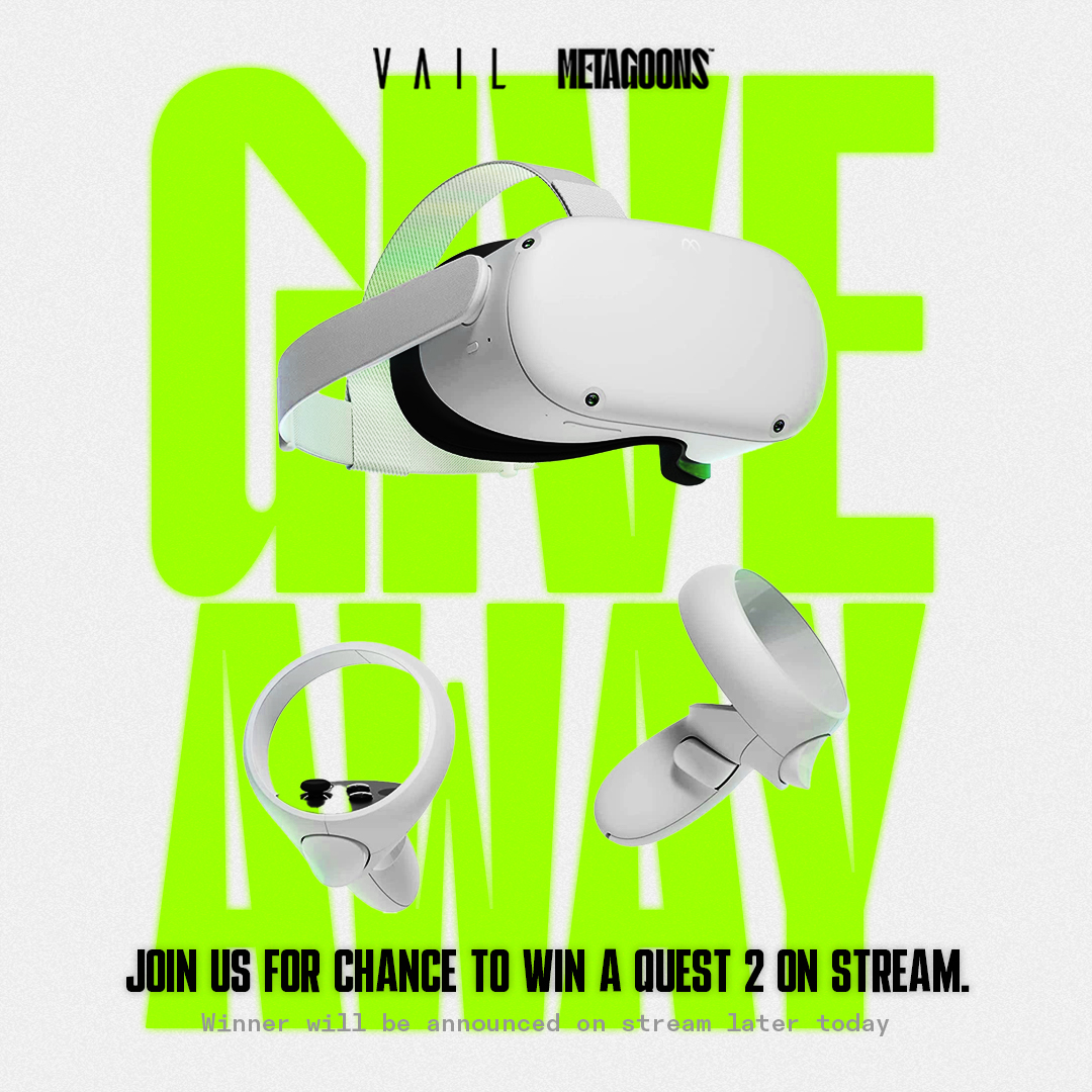 MetaGoons's tweet photo. Ready to WIN? Join the LIVE STREAM now for a chance to win a QUEST 2 VR HEADSET 🔥https://t.co/ilH2cbPEyn

To participate you must: 
- Like
- Retweet
- Tag 2 friends

Don't forget to follow @playvailvr @ivrleague 
#vr #giveaway #vailvr #ivrleague #mvm2022 #metagoons https://t.co/pXNAveFTRf