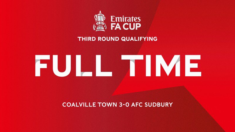 FT: Coalville Town 3-0 AFC Sudbury. 

GET INNNNNN! We’re in the hat and one game away from the first round proper! A special day 🙌🖤