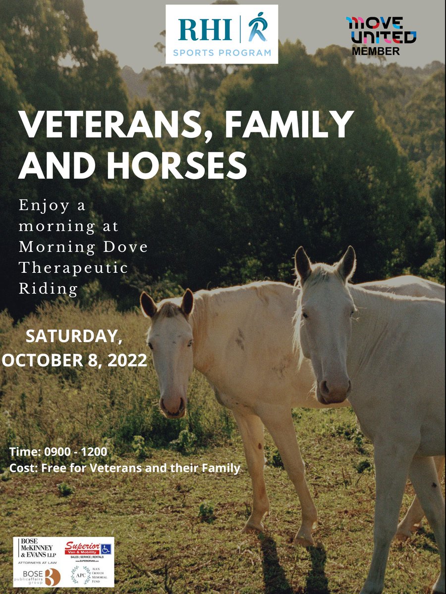 Veteransindiana's tweet photo. RHI Sports Program presents: Veterans, Family, and Horse at Morning Dove Therapeutic Riding, Inc. See flyer for details. Stay up to date on all your State & Federal benefits. Text VET to 55433.
#vetconnect #youneedtoknow #rhisports https://t.co/X9v4ylM5EI