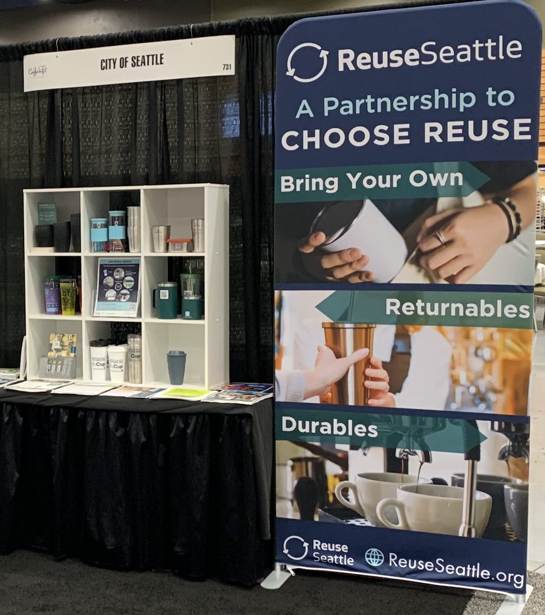 patrecycles's tweet image. #CoffeeFest  Our Reuse Seattle team is making a splash at @CoffeeFestShow @WAConvention to promote coffee service in cafes via ‘Returnable’ reusable cups, durable dine-in cups, and BYO folks! Thanks to our partner reuse vendors and @SeattleSPU, Blue Daisi &amp;amp; @CascadiaCG1 staff.