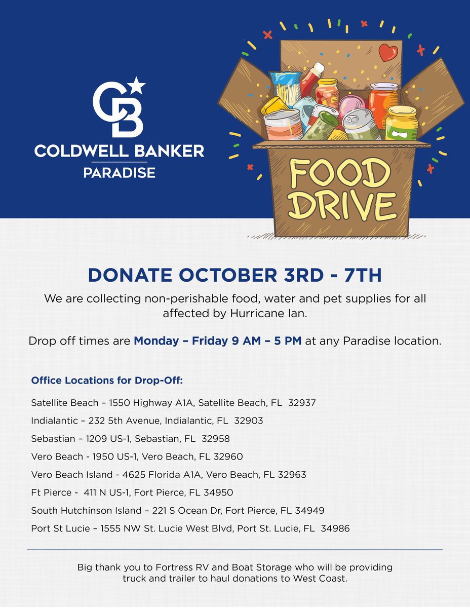 cbc_commercial's tweet photo. We are collecting non-perishable food, water, and pet supplies for all those affected by Hurricane Ian. Next week Mon-Fri, please stop by ANY of our office locations and donate what you can. ❤️ https://t.co/0GkkzZoc5j