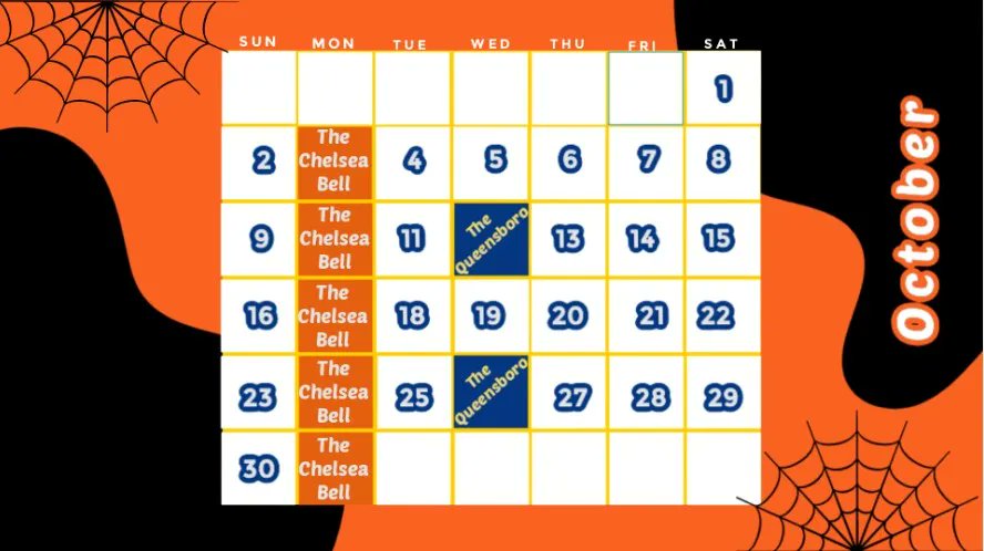 ShenanigansNY_'s tweet photo. Spooky Season is here! 🎃 Check out our monthly event calendar below, and take extra note of our Halloween event @TheChelseaBell!
#Halloween #ThingsToDoInManhattan #ThingsToDoInQueensboro #NYCEvents #BGG https://t.co/TWxQl7iYz8