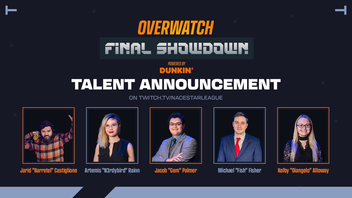 playvs_college's tweet photo. We’re 1 hour out from the Overwatch Final Showdown powered by @dunkindonuts☀️

Here is your first look at this weekend’s talent lineup👀

Broadcast goes LIVE at 1PM ET on https://t.co/K8gnEvuDsd https://t.co/M5cgrUWj7z