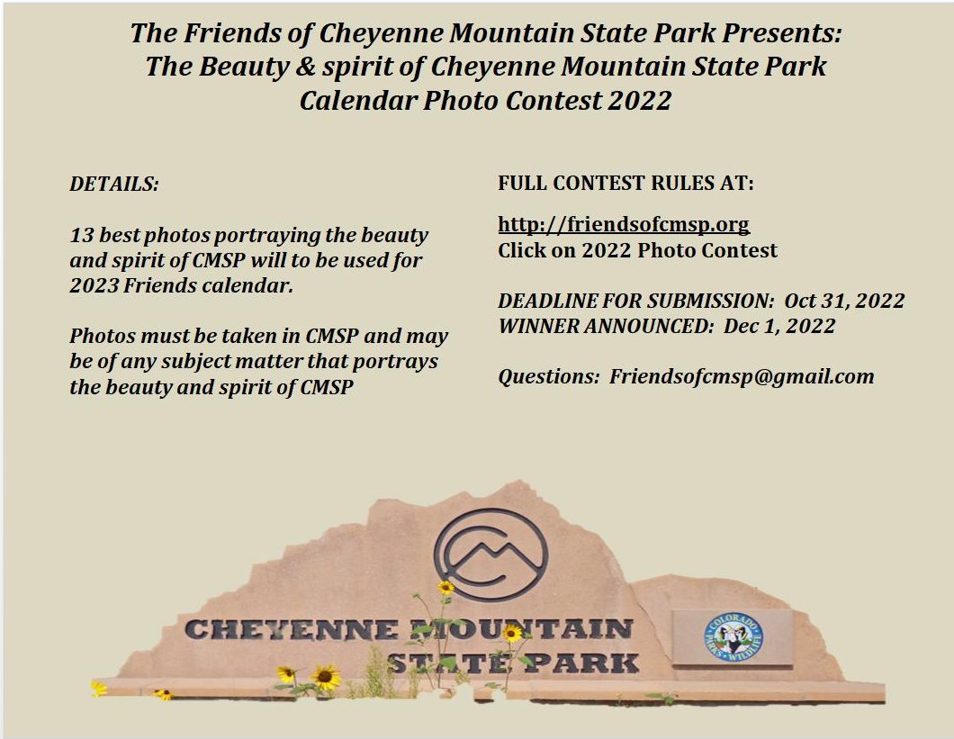FriendsofCMSP's tweet image. Calling all photographers! Enter our annual calendar contest! 📷 Show off the beauty of Cheyenne Mountain State Park and your skills! - mailchi.mp/7e929057e614/c…
