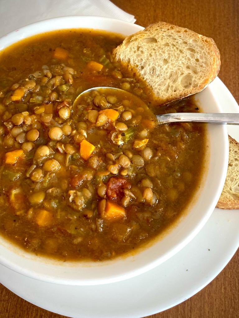 This weather really calls for some wholesome, hot and delicious lentil soup. Stop by today for a cup or bowl and don’t forget…eat your veggies! larte.biz/savory #WorldVegetarianDay #lentilsoup