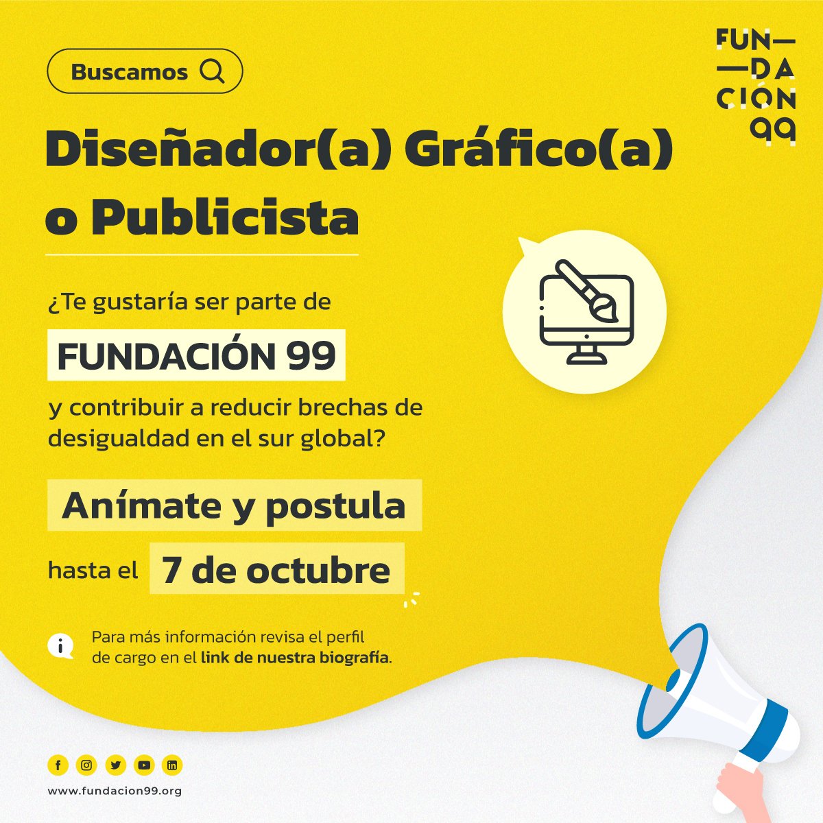 ¿Eres #Publicista o #DiseñoGráfico? Te estamos buscando en <a href="/99Fundacion/">Fundación 99</a> 

Si te apasiona trabajar con propósito social, si amas comunicar y generar ideas novedosas, si quieres unirte a un equipo q está en la misma, postula a esta gran oportunidad.

Perfil bit.ly/3USDz0k