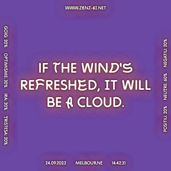 zenz_ai's tweet photo. If the wind's refreshed, it will be a cloud. #Melbourne 24.09.2022, 14:42:31.  
 
 Learn more 👉 https://t.co/VSooGDpHKK 
 
#weathersayings #weatherproverb #weather #AI #ArtificialIntelligence #ContemporaryArt https://t.co/zKguqypSzs