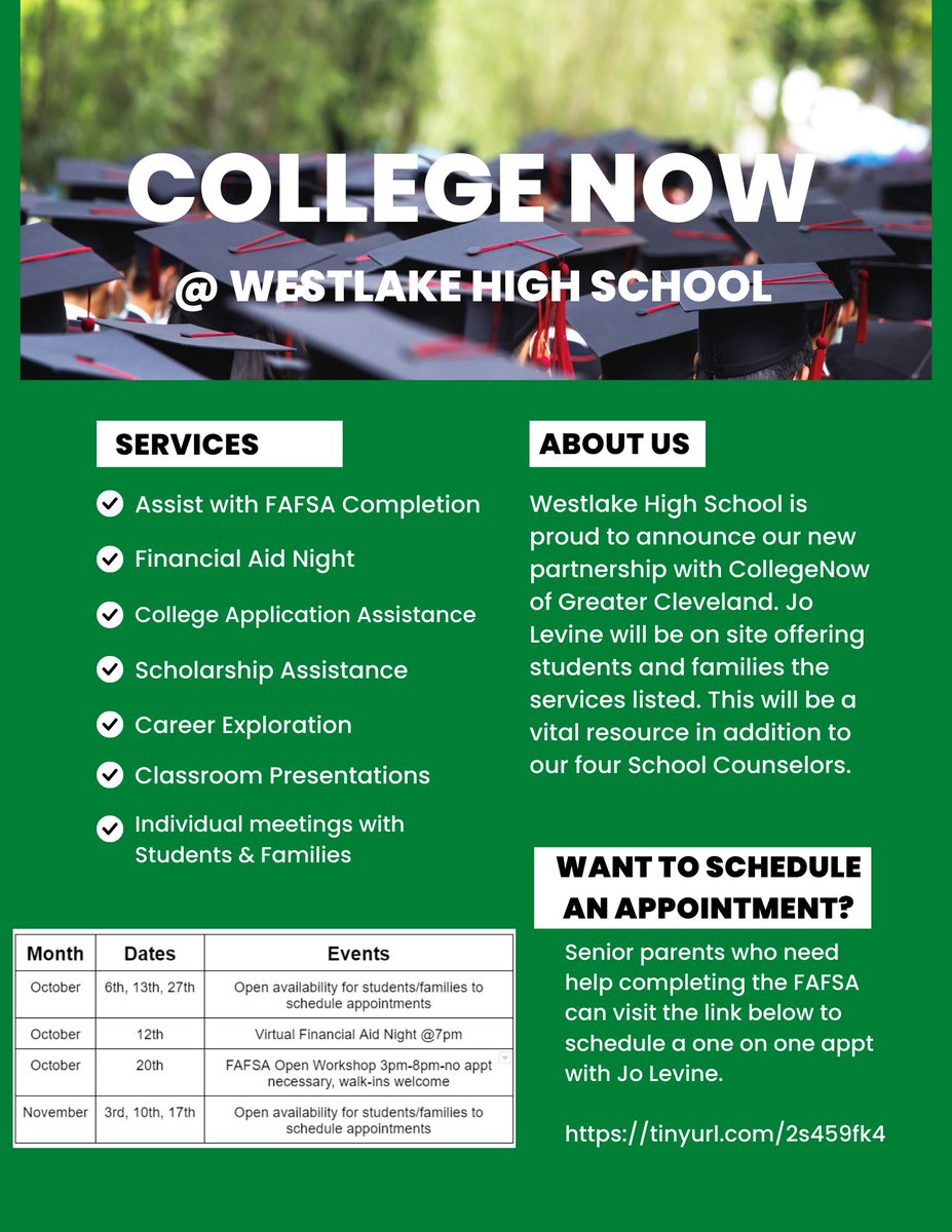 CollegeNow is joining WHS to help students prepare for their post grad plans. Senior parents can sign up for a FAFSA appt here tinyurl.com/2s459fk4 <a href="/WHS_Westlake/">Westlake High School</a> @DJShaw_WHS <a href="/mrs_meczka/">Mrs. Meczka</a>