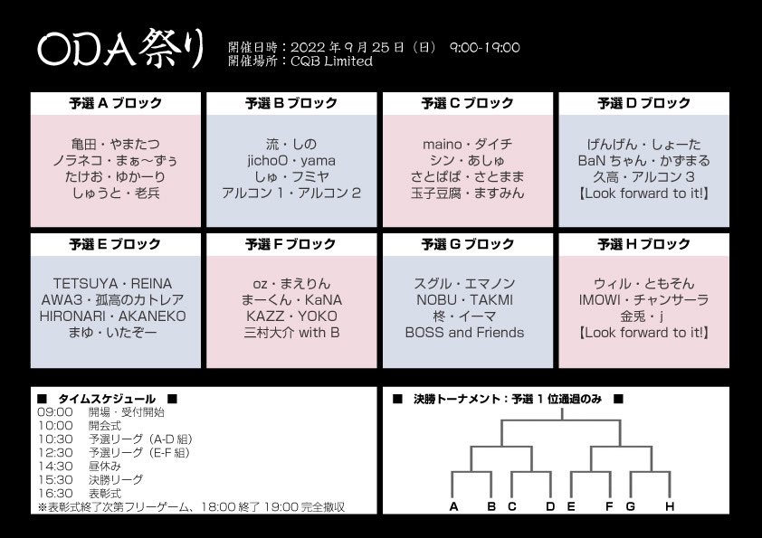 ODA祭り-2on2 Airsoft Battle-
大会バリケ配置＆予選リーグ発表！！

明日は9:00開場・受付開始、10:00大会開始です。出場プレイヤーの皆さまにはメールにて詳細を連絡しておりますので確認をお願いいたします。

※跳弾対策のため当日若干の配置変更を行う可能性があります。

#ODA祭り #cqblimited