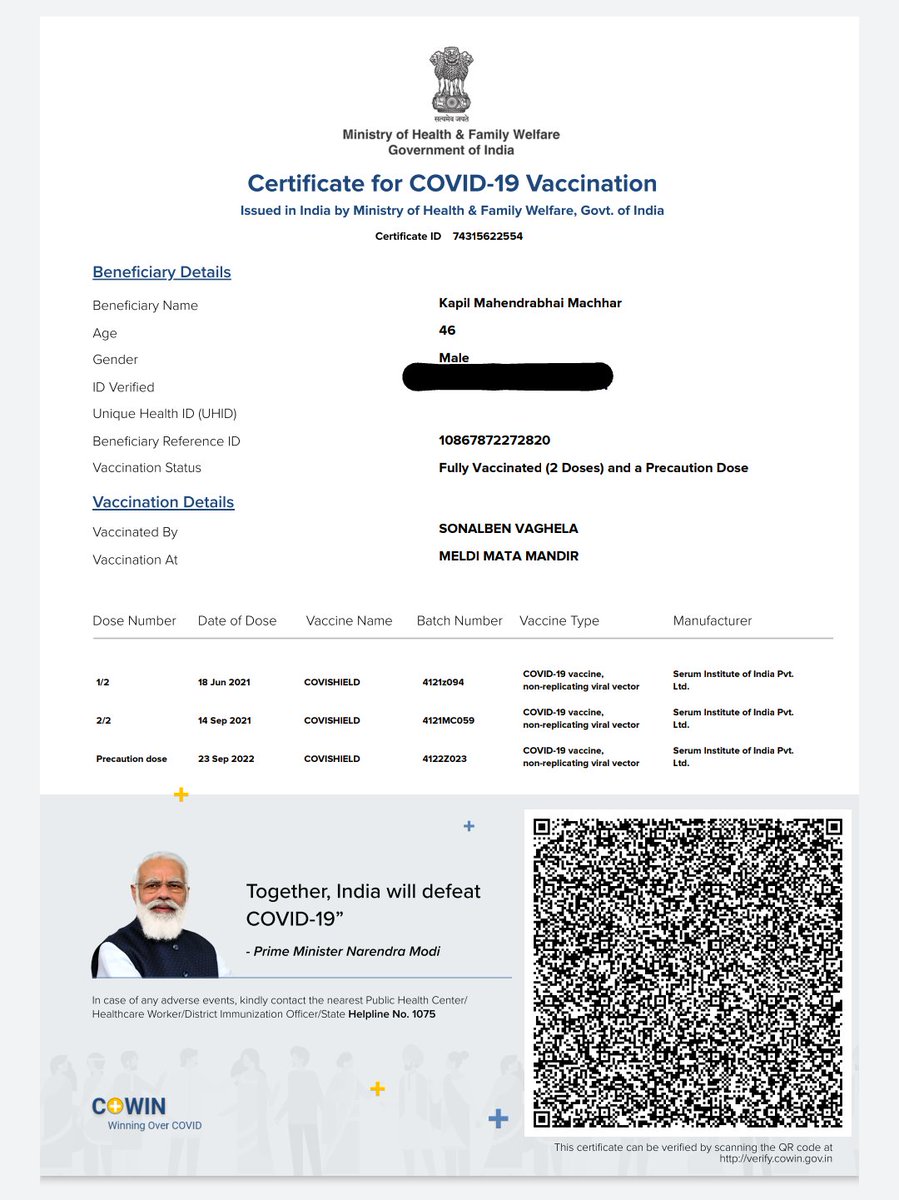 KapilMachhar's tweet photo. I have not taken booster dose then also got message of successfully vaccinated booster dose and also certificate got updated with booster dose details. Kindly do check something wrong going on in vaccination. @HMOIndia @Dev_Fadnavis @OfficeOf_MM @MoHFW_INDIA @mansukhmandviya https://t.co/mhZy197xiz
