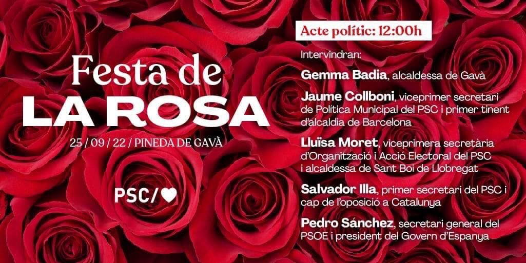 socialistes_cat's tweet photo. 🌹 #FestaDeLaRosa dels i les socialistes de Catalunya!

🗣️ Intervencions de @gebadia, @jaumecollboni, @LluisaMoretSabi, @salvadorilla i @sanchezcastejon
🗓️ Diumenge, 25 de setembre
⏰ A les 12:00h
📍 A la Pineda de Gavà

Us hi esperem!

#elpoderdelarosa https://t.co/rZ87g8tXva