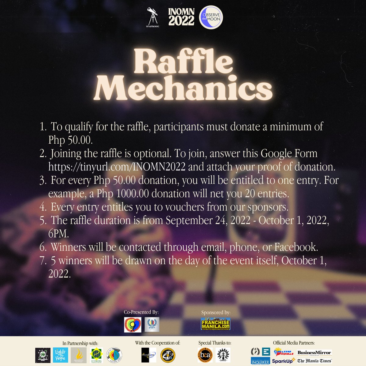 upastrosoc's tweet photo. Catch the spirit of camaraderie by joining this year's donation drive and enjoy the prizes of InOMN RAFFLE! With just a starting donation of 50php, you may get:

- Franchise PH eBook worth 299php!
- one of our own amazing InOMN shirts
…and many more!

Our donation channels are: https://t.co/eys2TkJRxD