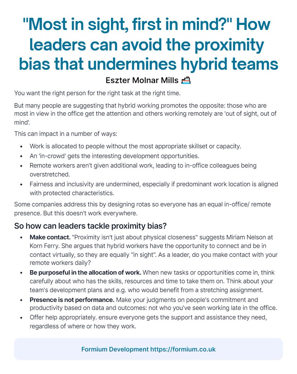EszterMMills's tweet image. &quot;Most in sight, first in mind?&quot; How leaders can avoid the proximity bias that undermines hybrid teams.

#ProximityBias
#HybridWorking
#HybridLeadership
#ManagementAndLeadership
#RemoteTeams