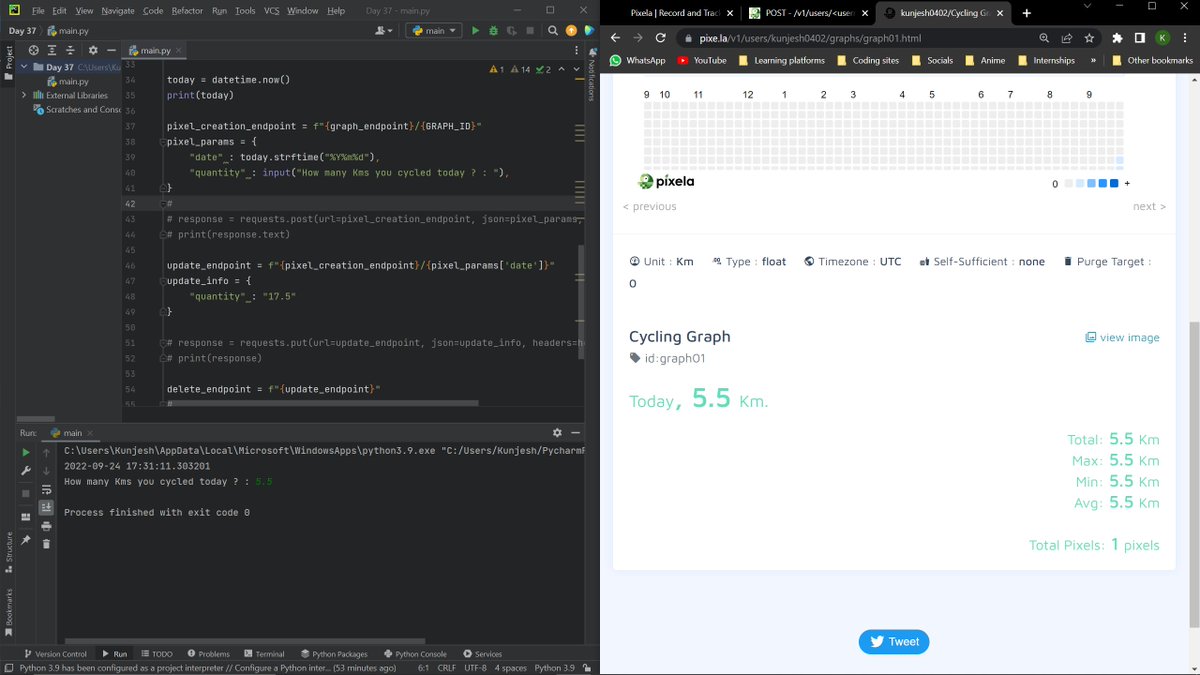 KunjPanchaal's tweet image. Day 37 - #100daysOfCode #Python
Learned about POST, PUT, & DELETE requests.
Using pixela API, built a program to track a particular habit over time ✔
#100daysodcode #100daysofpython #python3