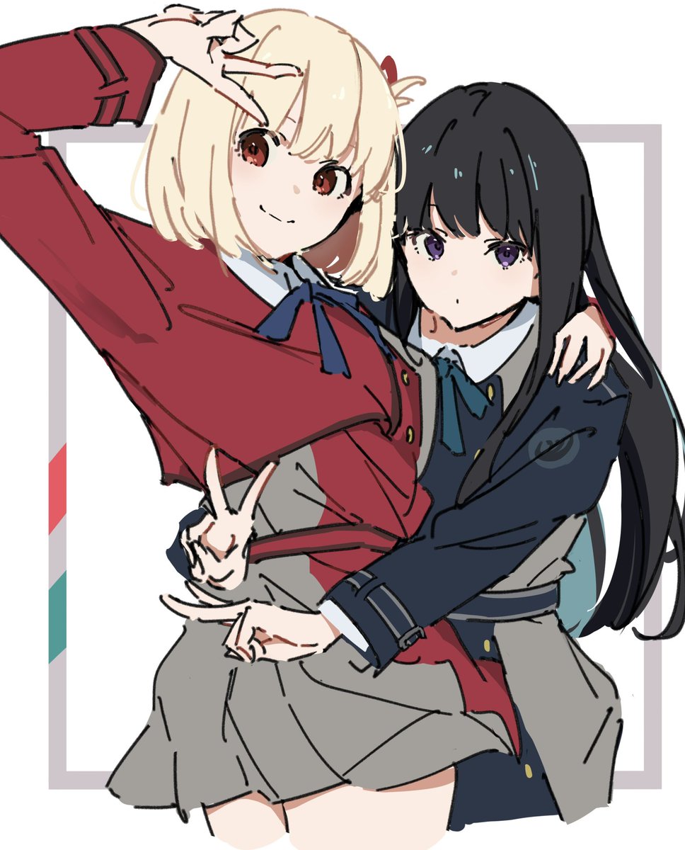 inoue takina ,nishikigi chisato multiple girls 2girls blonde hair black hair long hair v lycoris uniform  illustration images