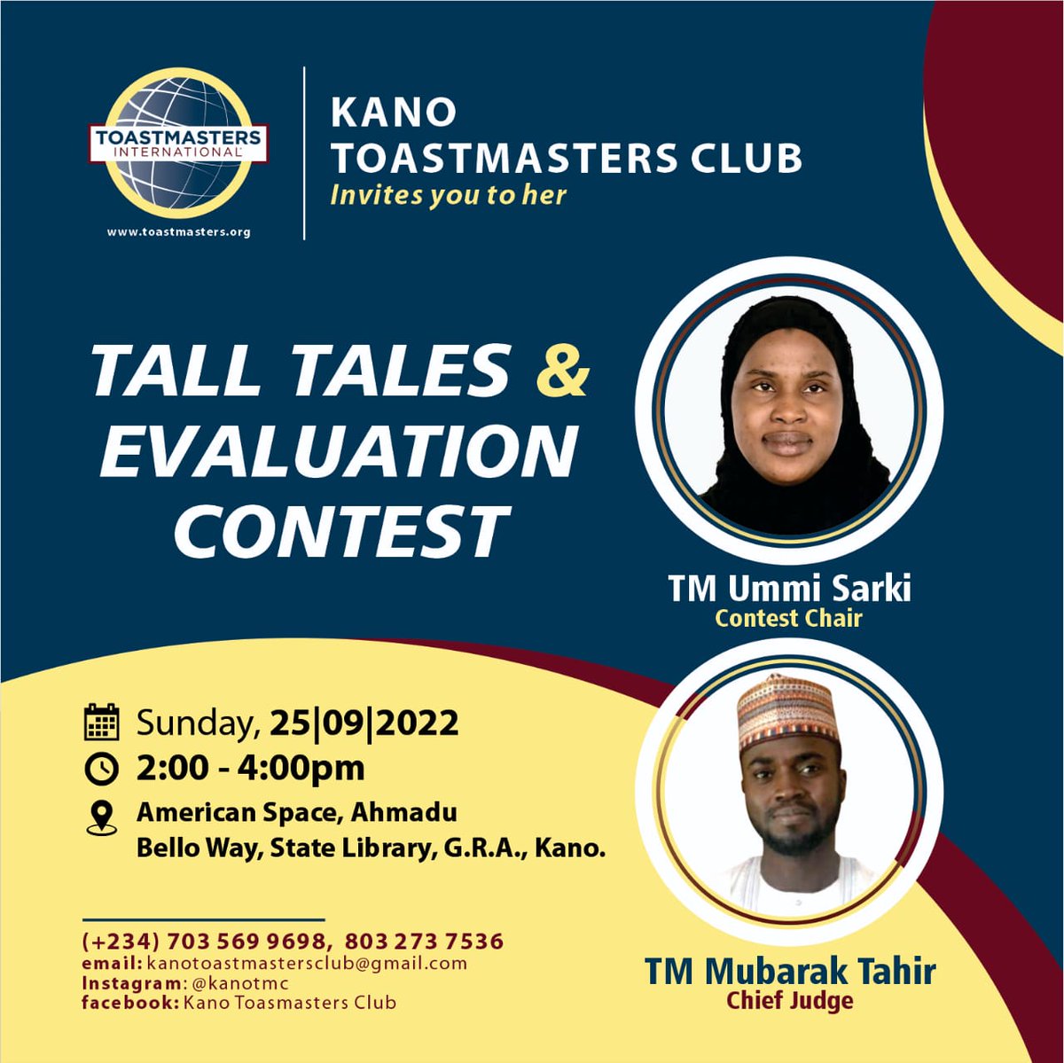 kanotmc's tweet photo. All our dreams can come true if we have the courage to pursue them.
Walt Disney.
It is another time of the year again for Tall Tales and Evaluation Contest. Join us, attendance is free for all.
#KanoToastmastersClub. https://t.co/0sJE43yARh