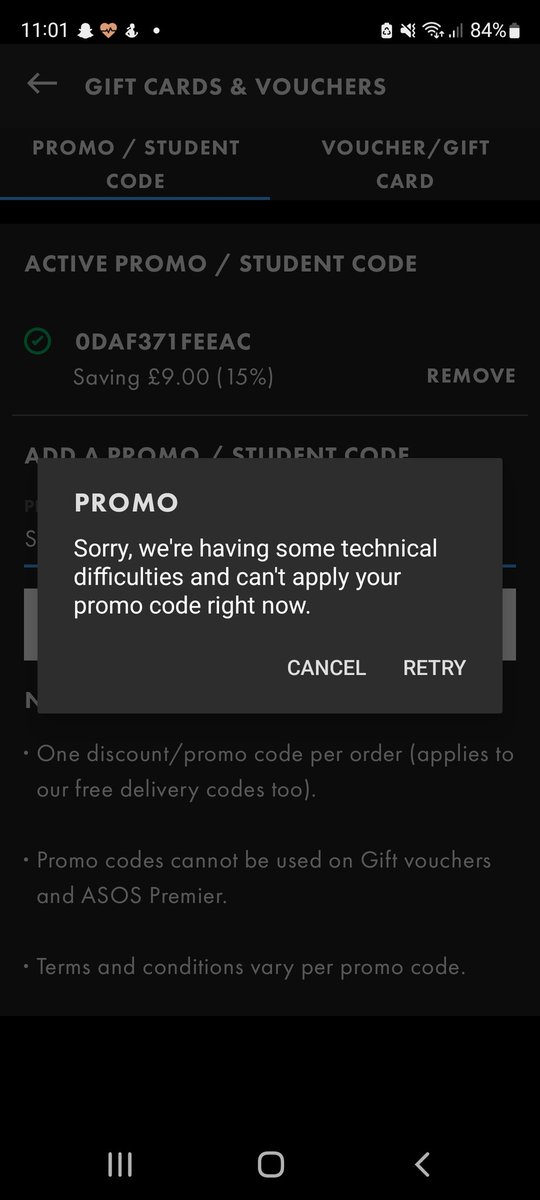 A_Waylien's tweet photo. @ASOS can't use promo code, keeps showing this?? https://t.co/0Dg5cOFK4y