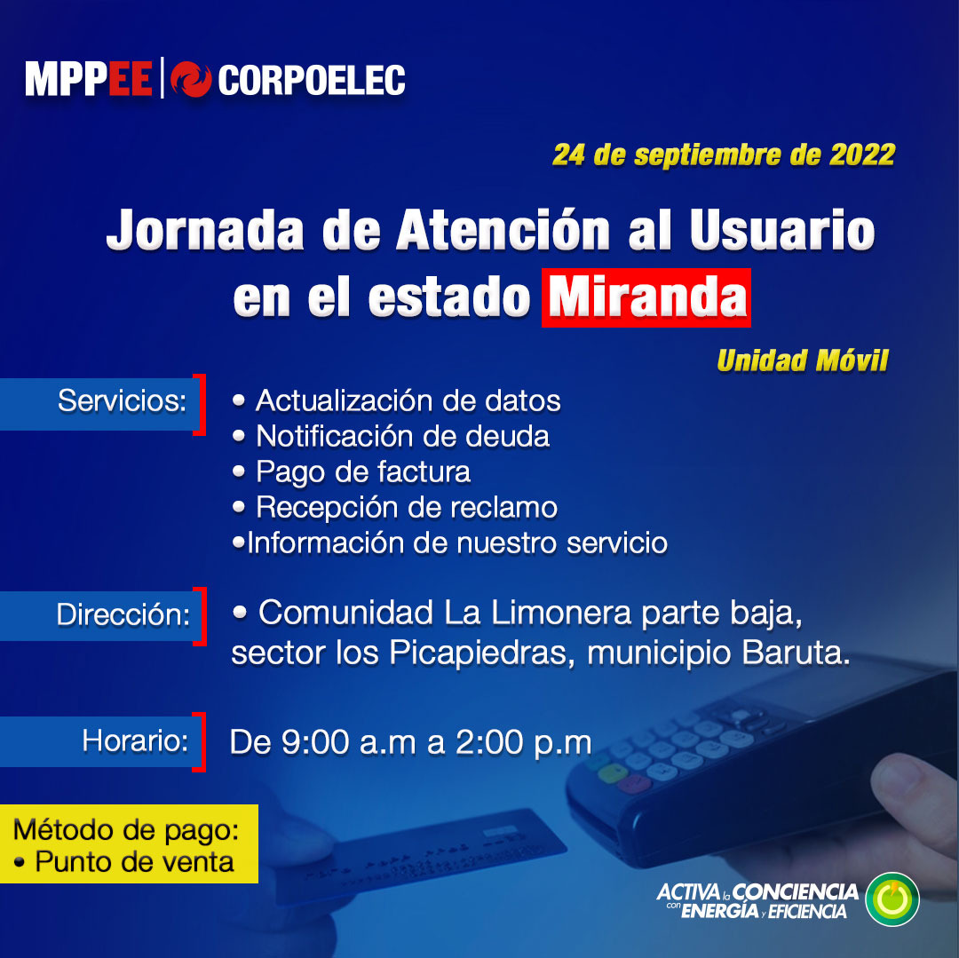 Te informamos de la Jornada de Atención al Usuario que se realizará en el estado #Miranda, este #24Septiembre

📍 Comunidad La Limonera parte baja, sector los Picapiedra, municipio Baruta.

¡Te queremos mantener informados!