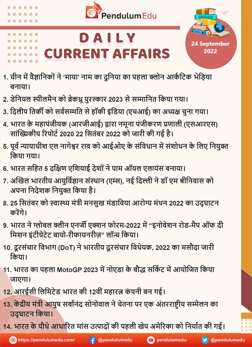 pendulumedu's tweet photo. Current Affairs of 24 September 2022 in Hindi - https://t.co/6jH2vGrcp2
#currentaffairs #news #latestnews #breakingnews #pendulumedu #arcticwolf #danielspielman #diliptirkey #sampleregistrationsystem #lnageswararao #southasiancountries #aiimsdelhi #arogyamanthan2022 https://t.co/BmhDFCY7mZ