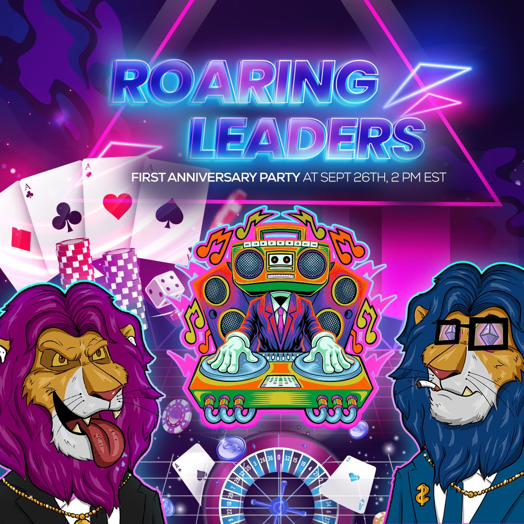 Roaring Leaders (@roaringleaders) on Twitter photo 🎉 Anniversary Party 🎉
We have our first year anniversary coming up soon and we're celebrating with a party!
🗓 Sept 26th, 2 PM EST
🎸 DJ set hosted by <a href="/TropixOfficial/">TropixMusic</a>
♠️ Poker with big prizes
🕹 Video games
🎁 Live auctions / Giveaways
Entry is free, come and join us! 🍻 🎉 Anniversary Party 🎉
We have our first year anniversary coming up soon and we're celebrating with a party!
🗓 Sept 26th, 2 PM EST
🎸 DJ set hosted by <a href="/TropixOfficial/">TropixMusic</a>
♠️ Poker with big prizes
🕹 Video games
🎁 Live auctions / Giveaways
Entry is free, come and join us! 🍻