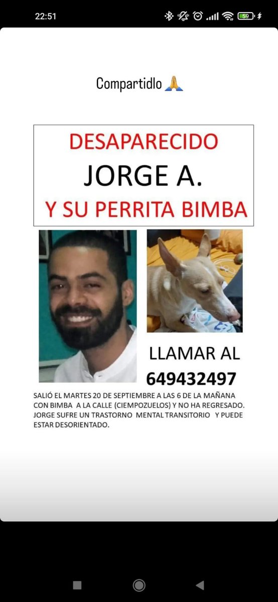 martacibelina's tweet photo. Me dicen que la alcaldesa del @AytCiempozuelos no está haciendo nada para encontrar a este joven y a su podenquita. @Telemadrid @jjaviervazquez @pilareyre @LydiaLozanoOf   Las televisiones han ido a hablar de la riada y no ha dicho que ha desaparecido un vecino. Difundid please. https://t.co/0EFZ2ueVWO