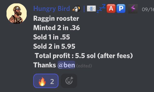 EzapAlpha's tweet photo. Casual Ezap W ⚡️

Ezap got WL for 1.5% Of the supply of @RaginRoosters . While everyone slept on them, Ezap max minted. 

All this was achieved, Being a completely free &amp; public DAO. Still fading anon? 👀⚡️ https://t.co/EfjQa3JwHk