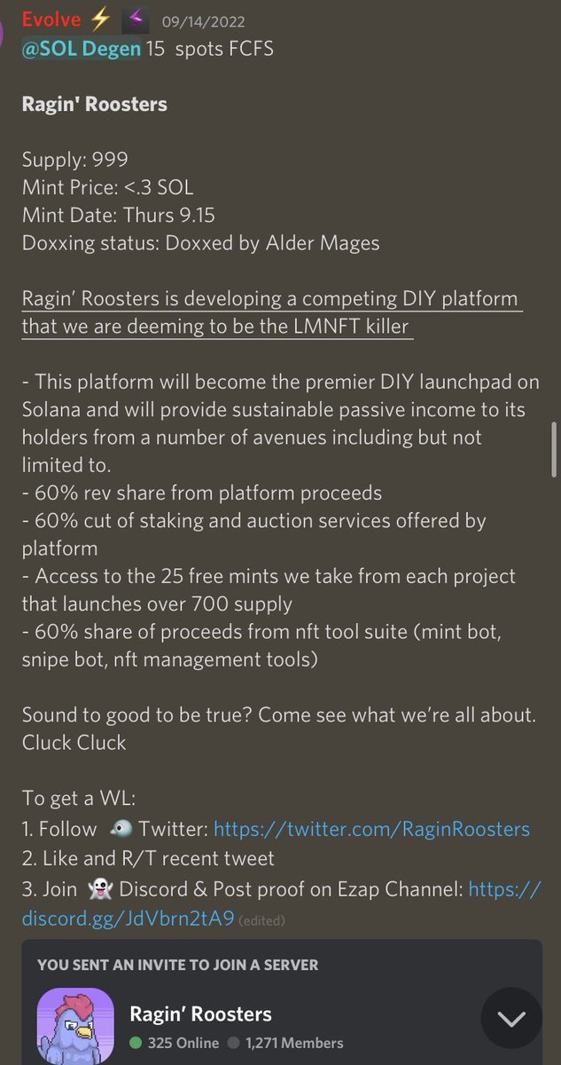EzapAlpha's tweet photo. Casual Ezap W ⚡️

Ezap got WL for 1.5% Of the supply of @RaginRoosters . While everyone slept on them, Ezap max minted. 

All this was achieved, Being a completely free &amp; public DAO. Still fading anon? 👀⚡️ https://t.co/EfjQa3JwHk