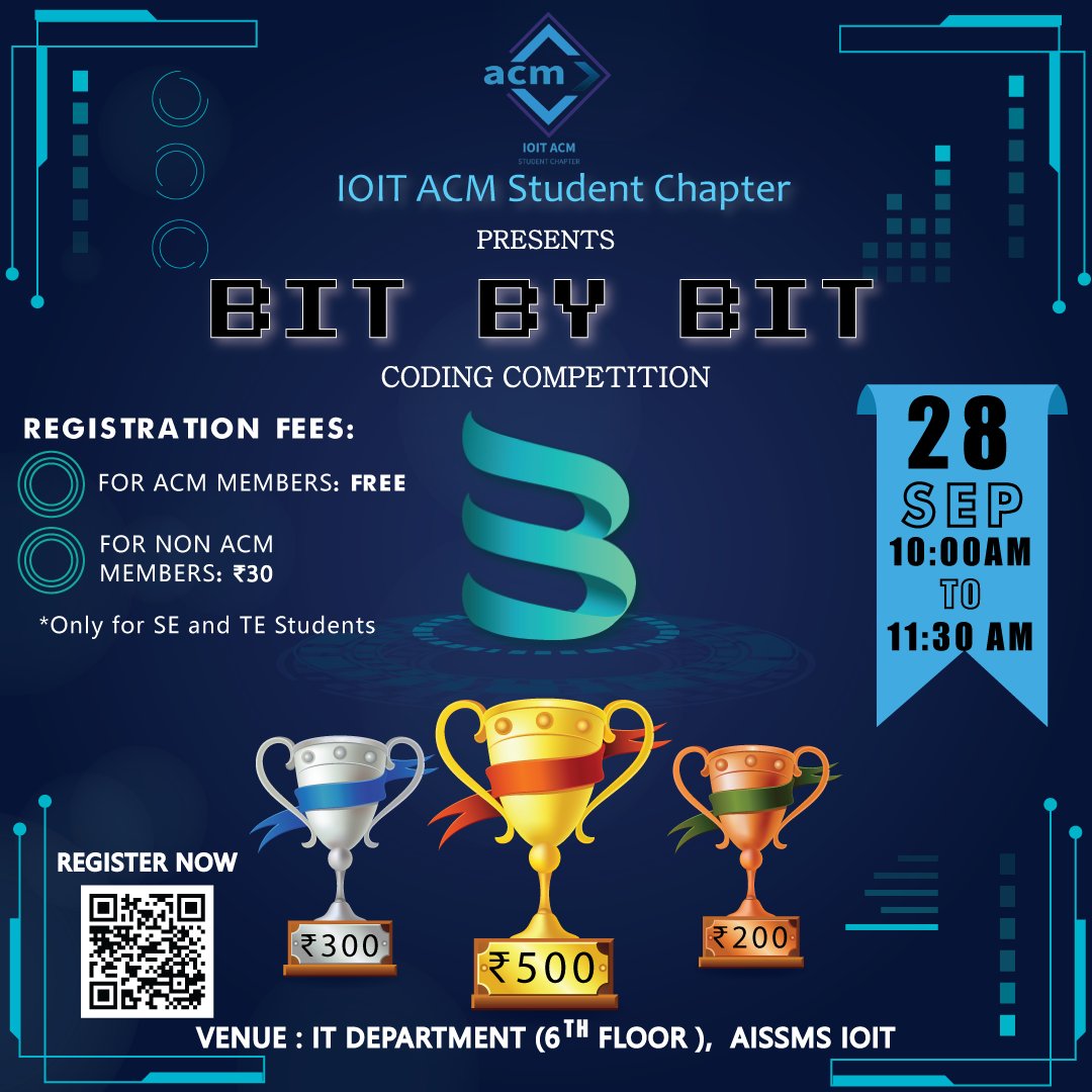 IOIT_ACM's tweet photo. Are you a #TechHead and interested in #coding ?
Here's something interesting for youโ
๐ปBit By Bit๐ป
๐ A coding competition for all SE & TE Students!
Win amazing prizes worth โน1000/-๐คฏ
๐Register Here: https://t.co/73dPbms49E
#aissmsioit #ioitacm #bitbybit #Coding #acm https://t.co/5FIkJmaPyk