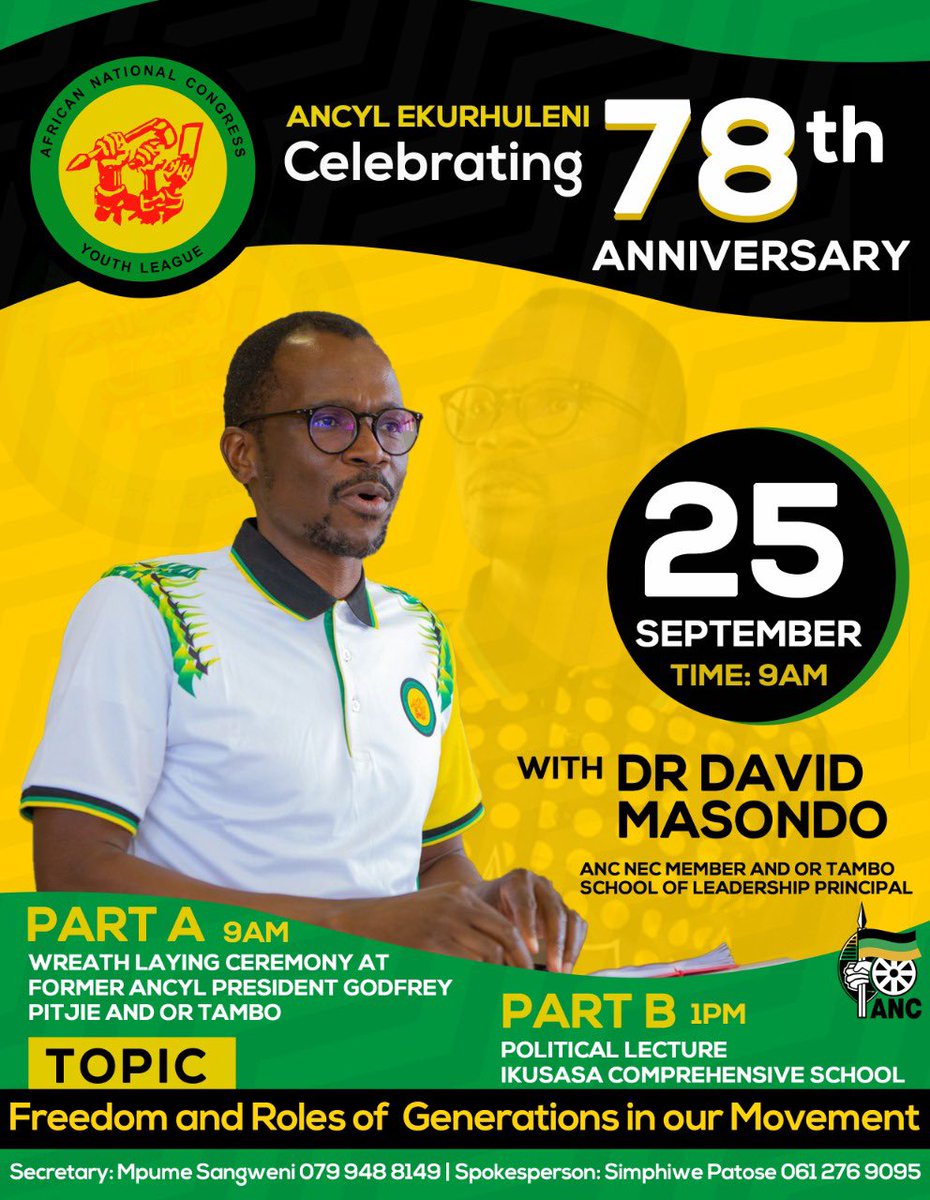 DrDavidMasondo's tweet photo. Tomorrow we celebrate the 78th Anniversary of the ANCYL in Ekurhuleni, Gauteng.
There also will be a wreath laying ceremony at the gravesites of former presidents of both the ANCYL and the ANC, Cde Godfrey Pitjie and Cde OR Tambo.
#ANCYL78 #ANC #ANC2022 #DavidMasondo https://t.co/3lN84YSYf1
