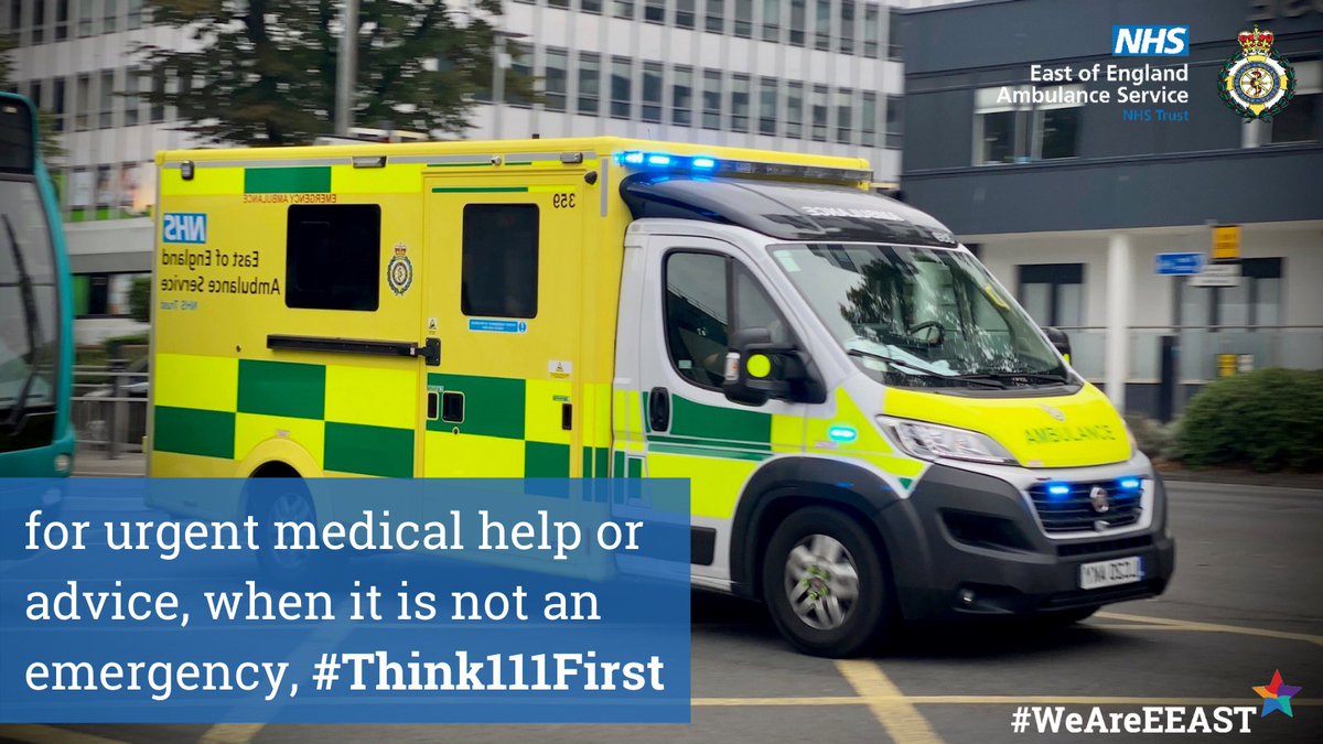 EastEnglandAmb's tweet photo. Is it a life-threatening emergency?

Please familiarise yourself with all the care options available and only call an ambulance in an emergency. 

If you’re unsure, #Think111First https://t.co/zsd5xCq3uT