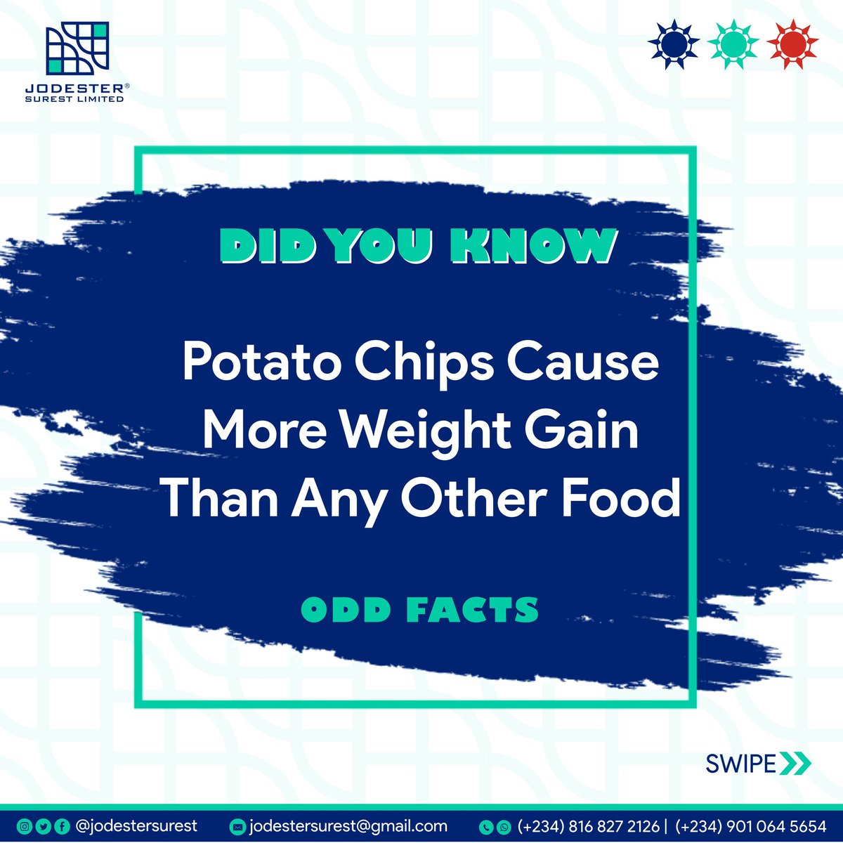 jodestersurest's tweet photo. Odd Facts
Potato Chips causes more weight gain than any other food
#oddfacts #joedester #jodester #explore #graphicsdesign #designer #dataanalyst #freelancing #digitalmarketing #business #growth #dolphin #factsdaily #factsonly #facts https://t.co/fMy2jyNROC
