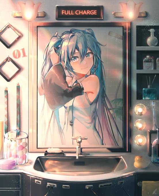 朝の支度をするミク絵全体 #初音ミク 