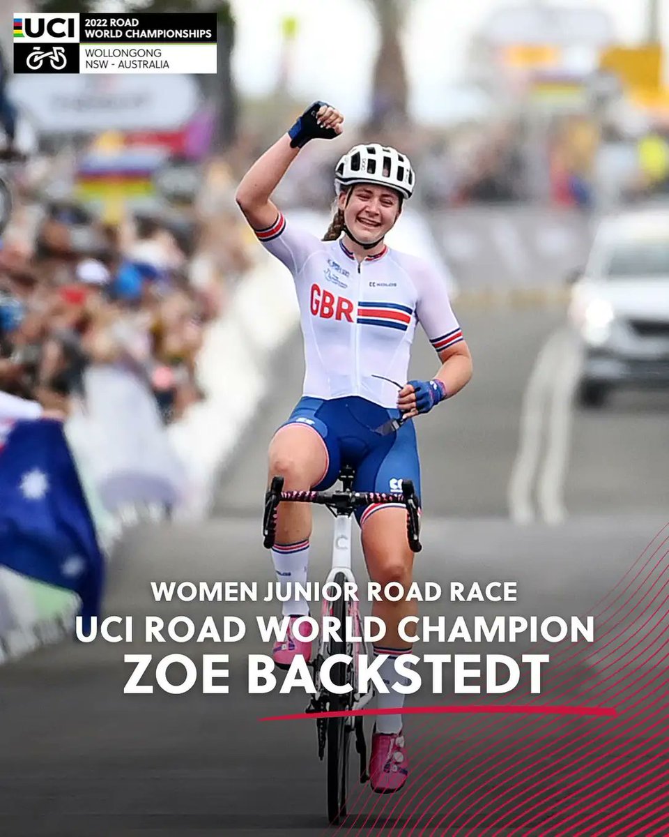 RidgeRacingCS's tweet photo. The ladies are killing it!

@Backstedt_Zoe completes cycling with the Junior Road title completing 5! Rainbow bands.
@AvVleuten adds the world's 🌈 to her triple crown of @lavuelta 🇪🇸 @LeTourFemmes  🇫🇷 and @giroditalia 🇮🇹

#Wollongong2022 #uciworldchampionships #GBR https://t.co/n7pCTdd3Qu