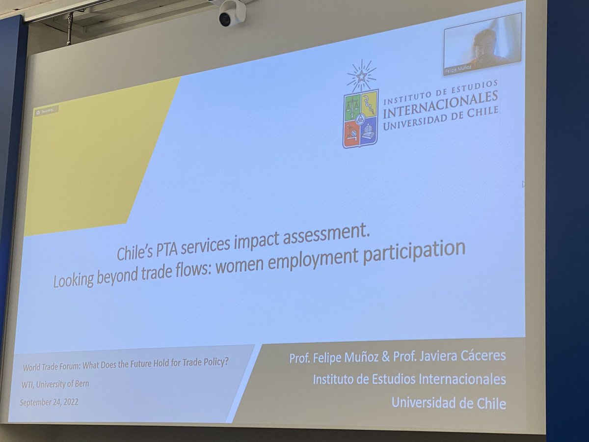 rpolancolazo's tweet photo. Felipe Muñoz and @JaviCaceresB @ieiuchile presenting “Chile’s PTA’s services impact assessment: Lokking beyond trade flows” @WTIunibe @unibern @EUI_EU #WorldTradeForum https://t.co/GNSUgG8EYQ