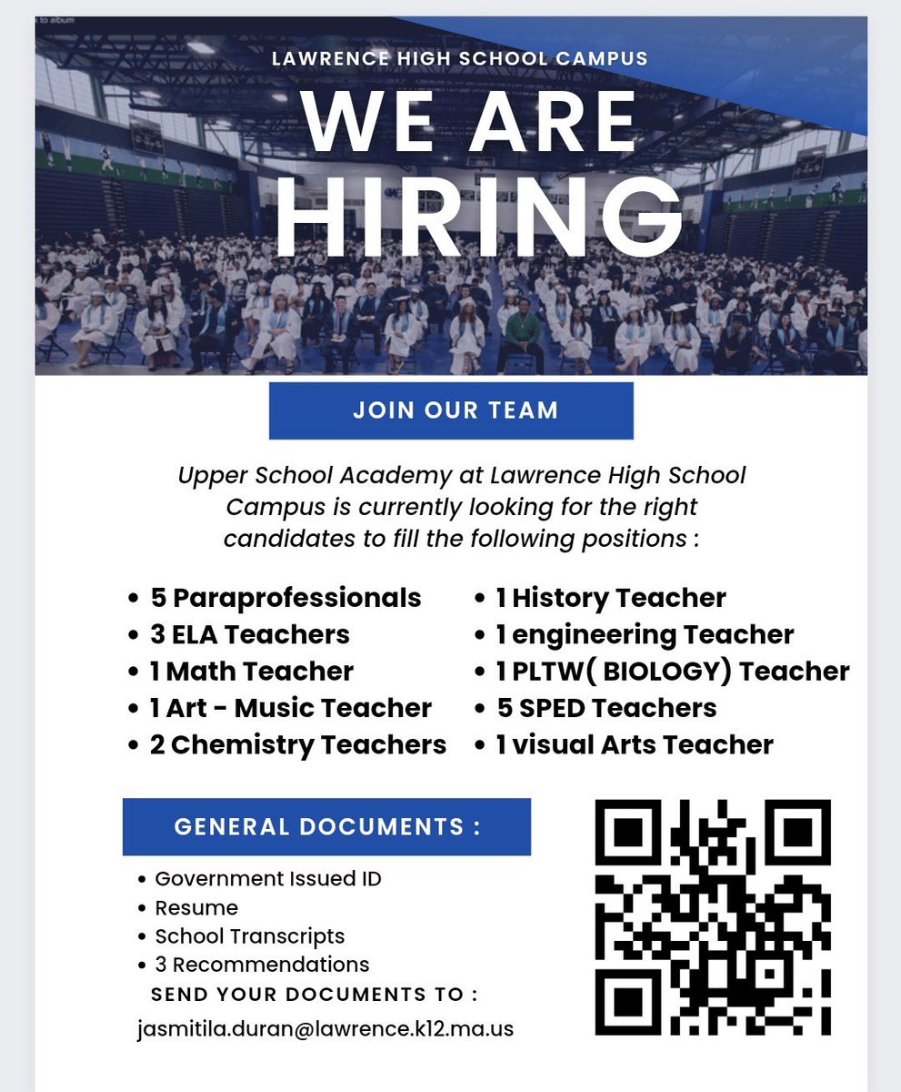 We need you!  LHS-Upper School is looking for qualify candidates to come work with our students.  See you today at 10:00am.