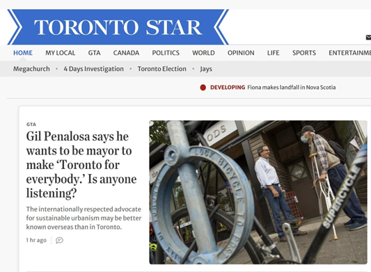 Penalosa_G's tweet image. Just now @TorontoStar "Gil Penalosa says he wants to be mayor to make ‘Toronto for everybody.’ Is anyone listening?" Pls read &amp;amp; share bit.ly/3Sduu0g