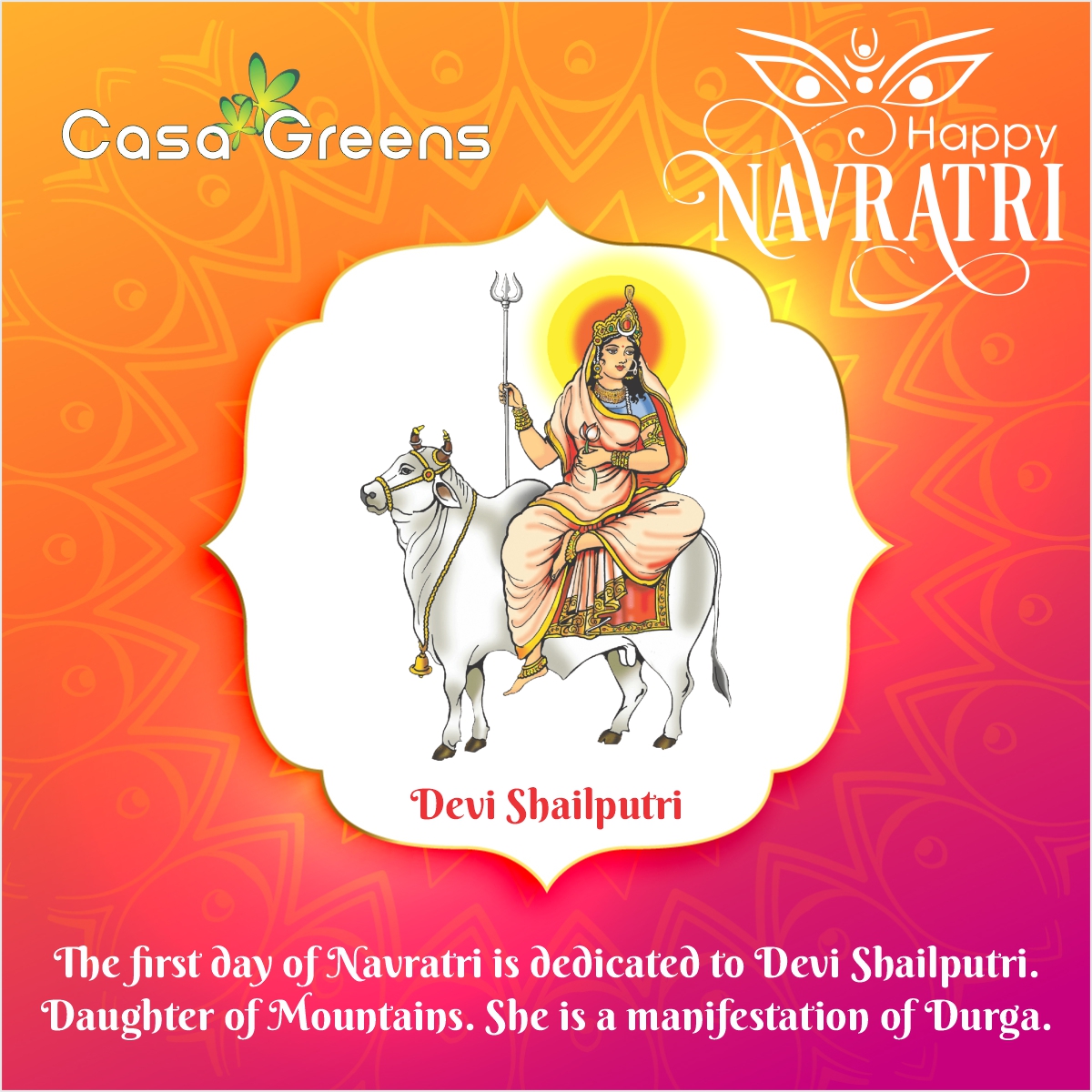 RadheyKrishnaG's tweet photo. The first day of Navratri is dedicated to Devi Shailputri
#CasaGreens #HappyNavratri2022 #JaiMaaDurga https://t.co/IY1zcLOd1C