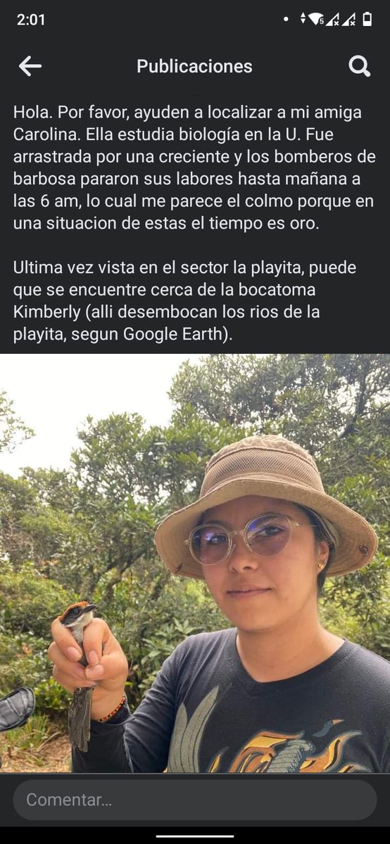 HamiltonGomez20's tweet photo. Sobre las 6:00 p.m. del viernes fue arrastrada Carolina Gómez de Marinilla- por una creciente súbita en una quebrada en el sector La Playita, en Barbosa.Los bomberos y familiares ayudan en la búsqueda, pues ella se encontraba realizando una salida de campo para su tesis de grado. https://t.co/7L5ydMMIqJ