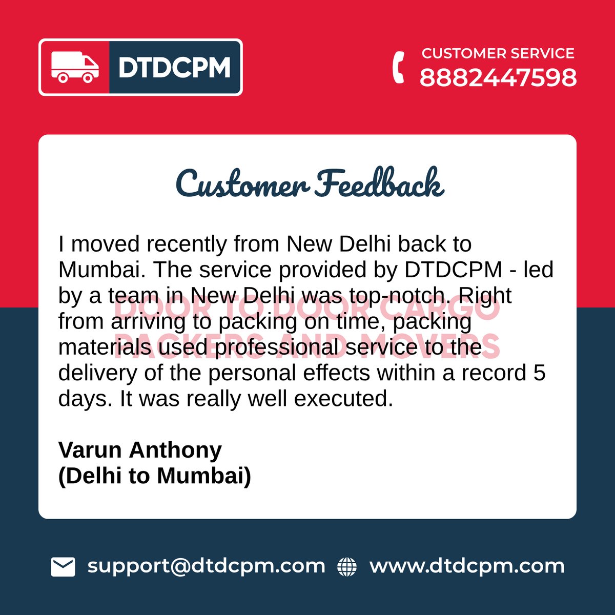 dtdcpm's tweet photo. Thank you so much Mr Varun Anthony for your valuable feedback.  For fast and smooth shifting services, visit us at https://t.co/aksRJQDFqw
.
.
.
#CustomerFeedback #HappyCustomer #HappyMoving #Feedback #Review #MoveWithDTDCPM https://t.co/FsMvPtN5as