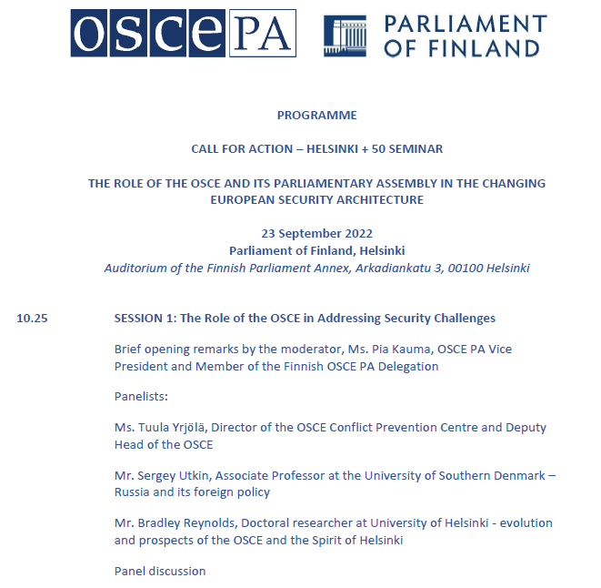 breynold5280's tweet photo. I had the opportunity to speak on the #HelsinkiSpirit at @OSCEPA Helsinki+50 Call to Action hosted by 🇫🇮Parliament. Amazing to meet/listen to parliamentarians & great @OSCE scholar-practitioners @lamzannier @TacanILDEM @usv1980 #Yrjölä #WKemp
Let's follow the #OSCE+50 initiative! https://t.co/wqjLMsIMnA