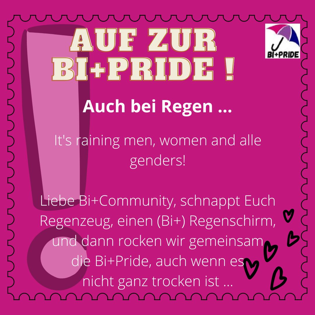 BiPlusPride's tweet photo. It‘s raining men, women and all genders!

Liebe Bi+Pride-Community, schnappt Euch Regenzeug und einen (Bi+) Regenschirm, und dann rocken wir gemeinsam die Bi+Pride, auch wenn es nicht ganz trocken ist …

8 Bi+Regenschirme haben wir für eine Formation, und  15m und 11m Bi-Flagge https://t.co/owA6Hj50xM