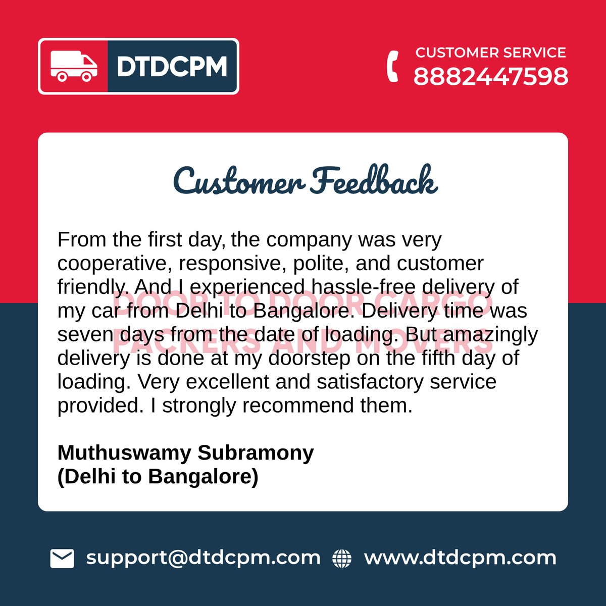 dtdcpm's tweet photo. Thank you so much Mr Muthuswamy Subramony for your valuable feedback. For fast and smooth shifting services, visit us at https://t.co/aksRJQUIsw
.
.
.
#CustomerFeedback #HappyCustomer #HappyMoving #Feedback #Review #MoveWithDTDCPM https://t.co/PEf2c34WRh