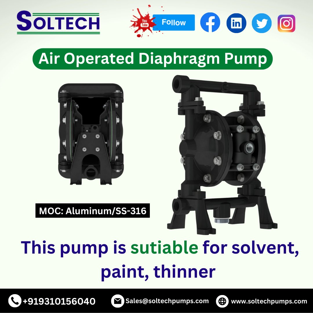 Professional Supplier of diaphragm pump in Delhi, Air Operated #Diaphragm #Pump is a positive displacement pump that uses compressed #air and not electric motors for its operations. 
MOC: Aluminiym/SS-316
Visit us at: soltechpumps.com
Call Now - 919310156040
#soltechpump
