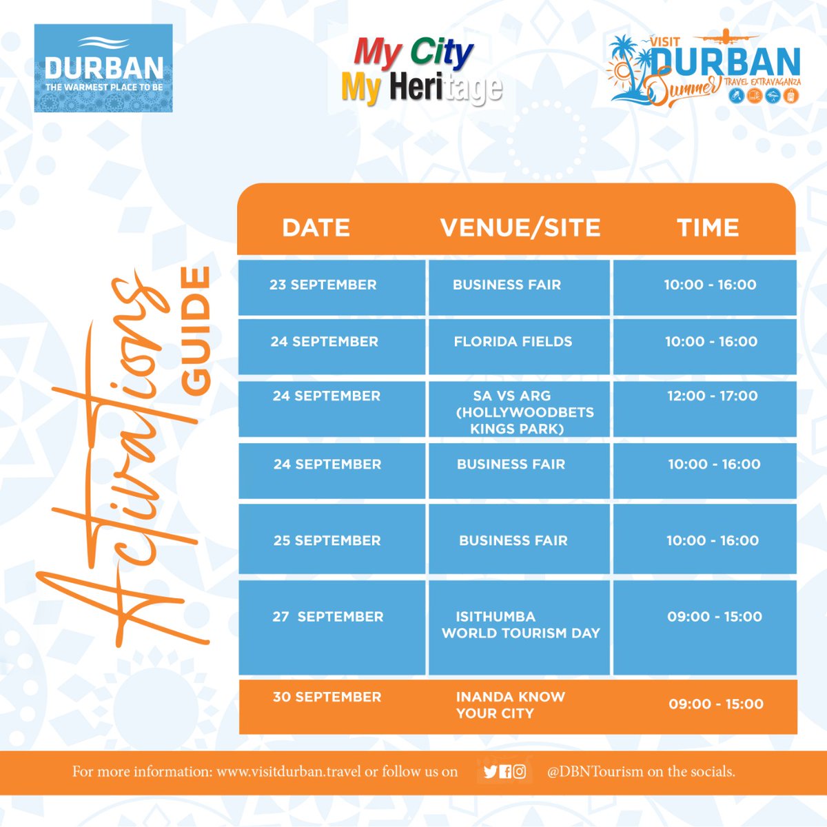 The City is buzzing with different activities. Please take note of our whereabouts.

As Durban is celebrating “My City My Heritage” catch activations that are taking place around the City. Also including the Rugby Activation at Hollywoodbets KINGS PARK Stadium. SA vs ARG 🇿🇦🇦🇷