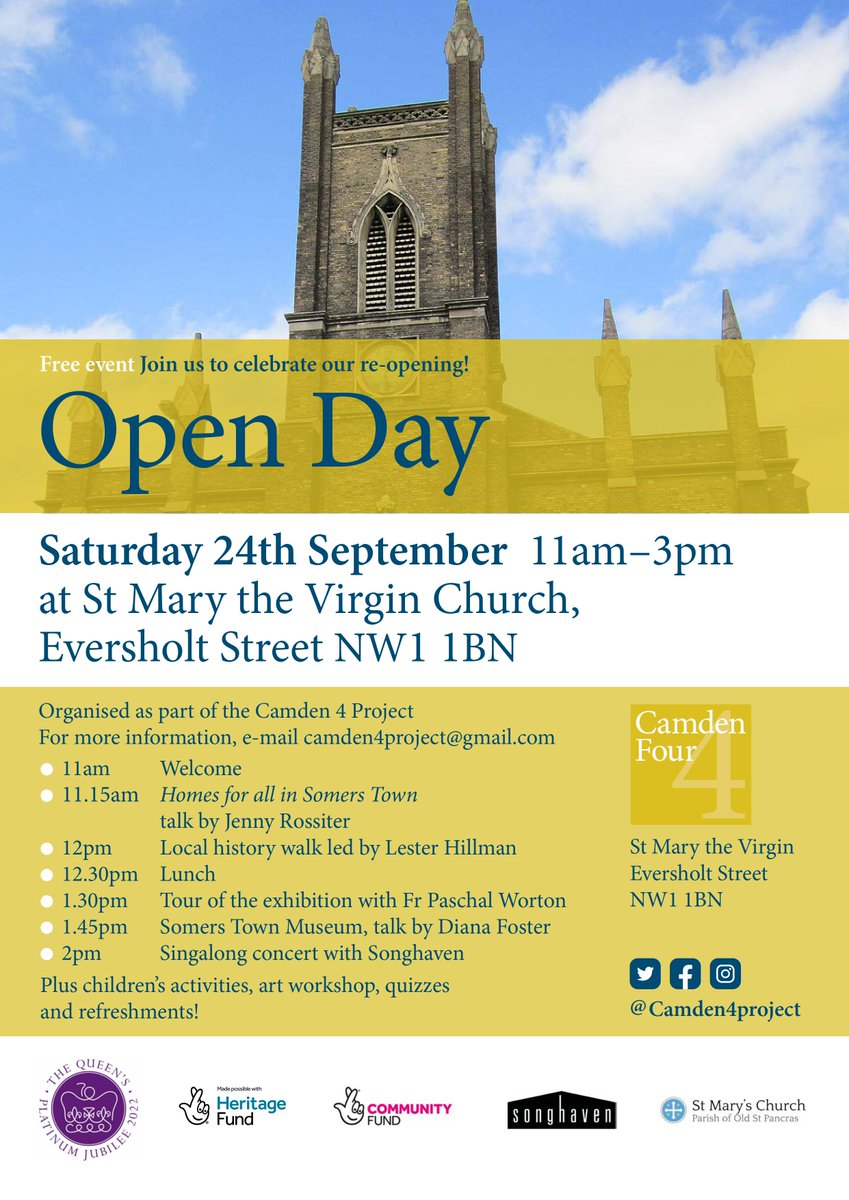 Camden4project's tweet photo. Join us today for a fabulous open day @StMarys_NW1, 11am to 3pm! Children's activities, art, history, refreshments and a rousing singalong led by @songhaven! https://t.co/sn5oBKo4on
