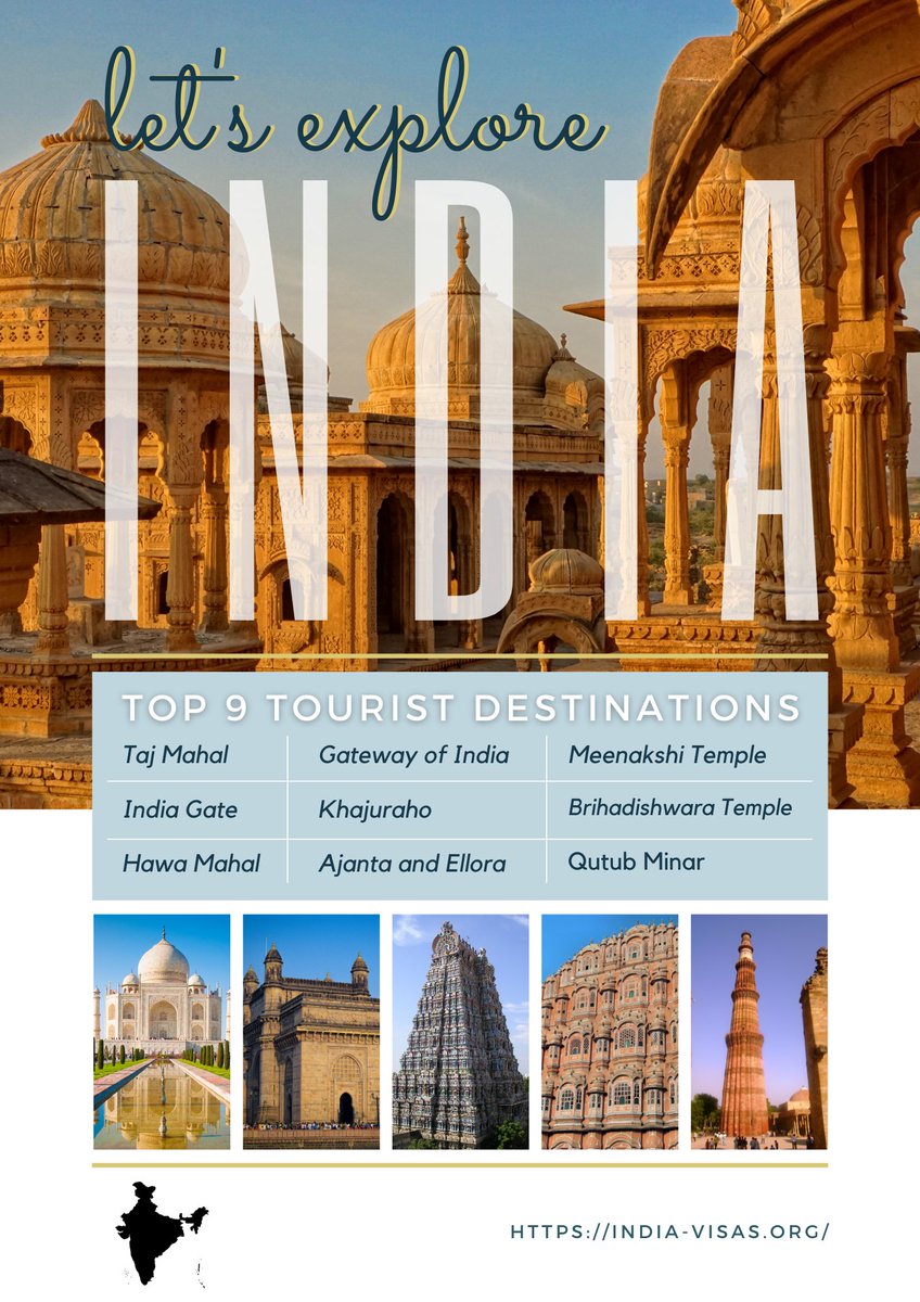 VisasIndia1's tweet photo. There are nine most visited destinations where tourists visit more. These are the most famous places in India.

1. Taj Mahal
2. India Gate
3. Hawa Mahal
4. Gateway of India
5. Khajuraho
6. Ajanta and Ellora
7. Meenakshi Temple
8. Brihadishwara Temple
9. Qutub Minar https://t.co/Jf0vzQIKfe