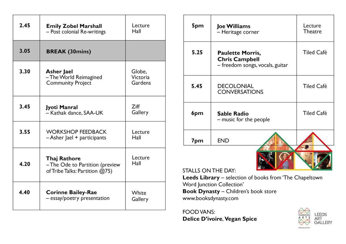Chapeltown Arts (@chapeltownarts) on Twitter photo Here's our lineup for the day!
#ChapeltownWordJunction
Looking forward to seeing you for some decolonial niceness <a href="/LeedsArtGallery/">Leeds Art Gallery</a> in a few hours time
✍🏾📖🖼️
#Resist #Liberate #Transform
✊🏾🌿💜 Here's our lineup for the day!
#ChapeltownWordJunction
Looking forward to seeing you for some decolonial niceness <a href="/LeedsArtGallery/">Leeds Art Gallery</a> in a few hours time
✍🏾📖🖼️
#Resist #Liberate #Transform
✊🏾🌿💜